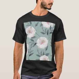 White Roses Peonies: Floral Embroidery. T-Shirt