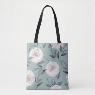 White Roses Peonies: Floral Embroidery. Tote Bag