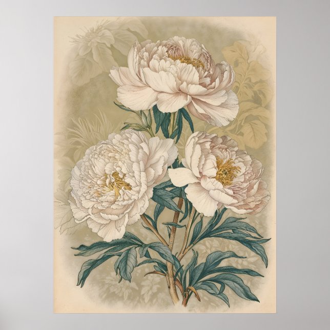 White Roses Peony vintage botanical wall art (Front)