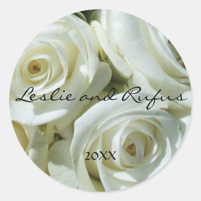 White Roses Personalised Round Wedding Sticker (Front)
