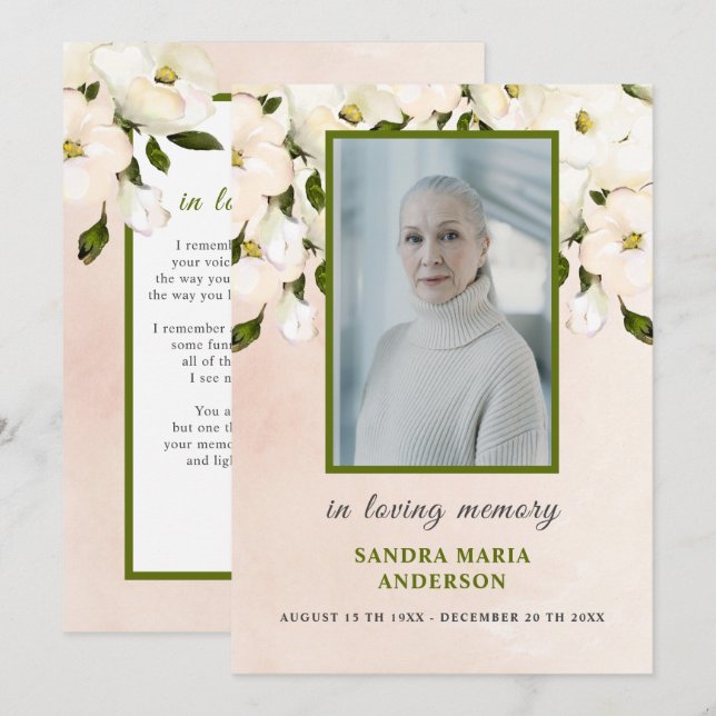 White Roses Photo Funeral Memorial Poem Card (Front/Back)