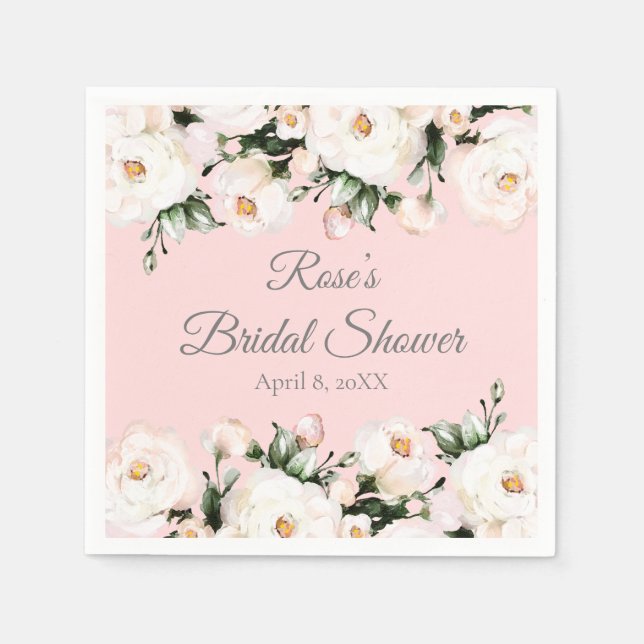 White Roses | Pink Bridal Shower Napkin (Front)