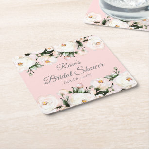 White Roses   Pink Bridal Shower Square Paper Coaster
