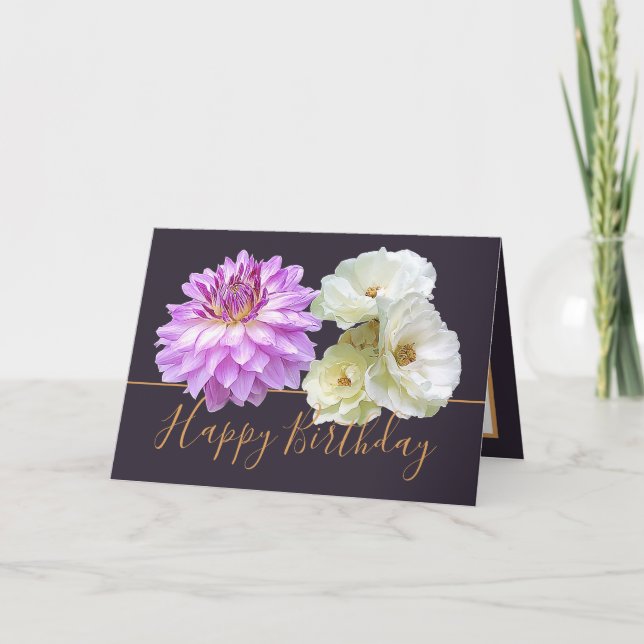 White Roses & Pink Dahlia Floral Bouquet Birthday Card (Front)