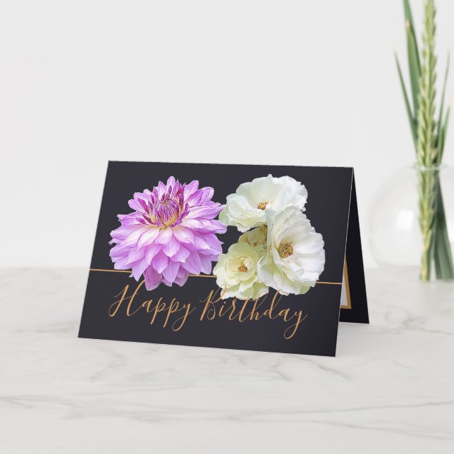 White Roses & Pink Dahlia Floral Bouquet Birthday Card (Front)