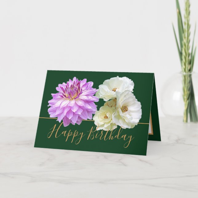 White Roses & Pink Dahlia Floral Bouquet Birthday Card (Front)