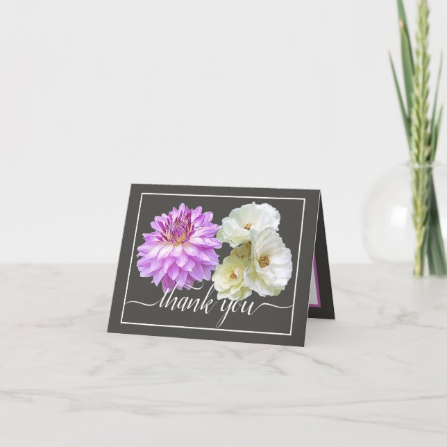 White Roses & Pink Dahlia Floral Bouquet Thank You Card (Front)