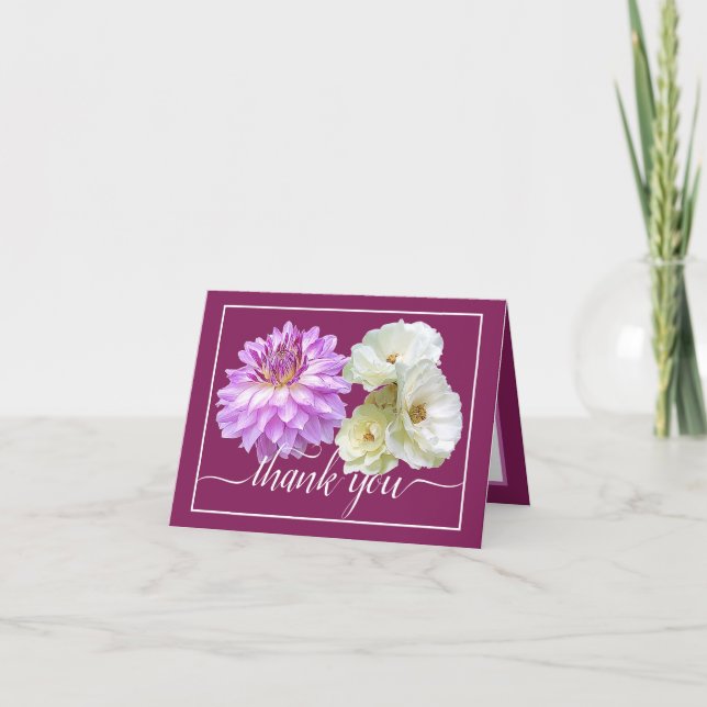 White Roses & Pink Dahlia Floral Bouquet Thank You Card (Front)