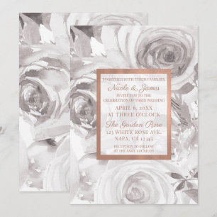 White Roses Pink Rose Gold Modern Elegant Wedding Invitation