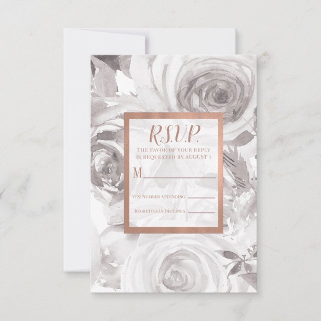 White Roses Pink Rose Gold Modern Wedding RSVP (Front)