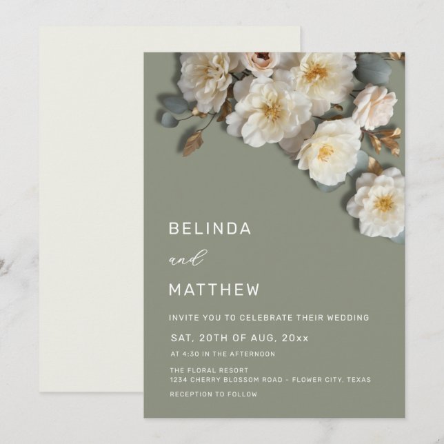 White Roses Realistic Flowers Wedding Invitation (Front/Back)