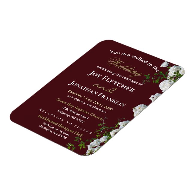 White Roses Red Background Wedding Invitation Magnet (Left Side)
