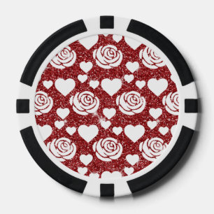 White Roses Red Glitter Flowers Lovers Floral Poker Chips