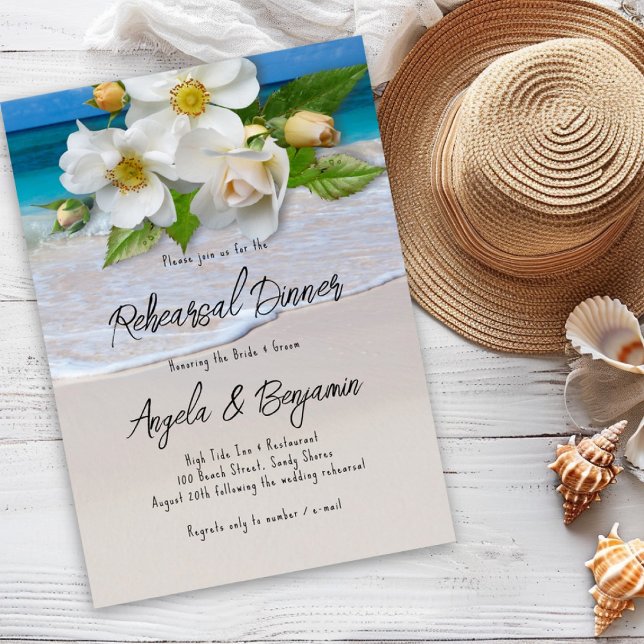 White Roses Rehearsal Dinner Tropical Beach Invitation (Creator Uploaded)