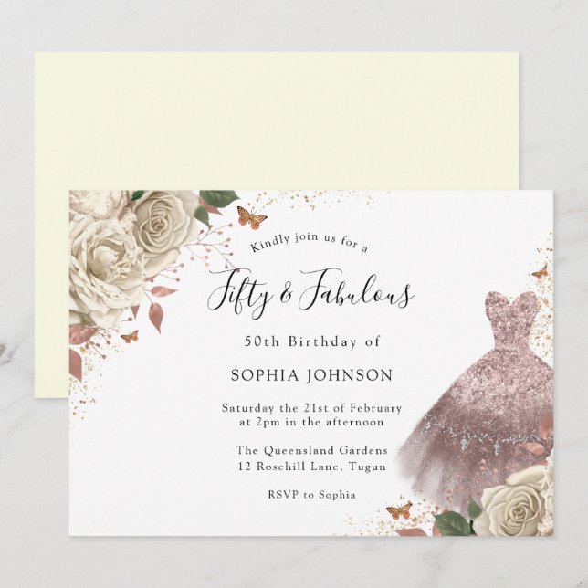 White Roses Rose Gold Sparkle Dress 50th Birthday Invitation (Front/Back)