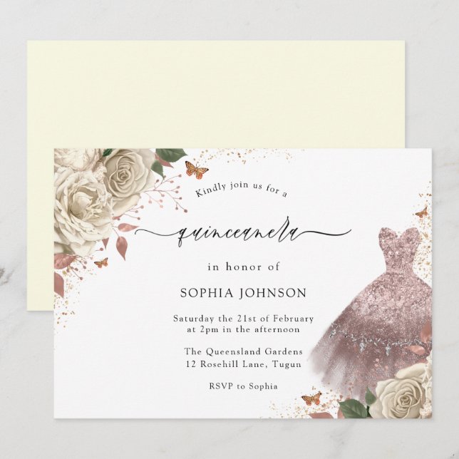 White Roses Rose Gold Sparkle Dress Quinceanera Invitation (Front/Back)