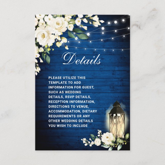 White Roses Royal Blue Wood Lantern Details Enclosure Card (Front)