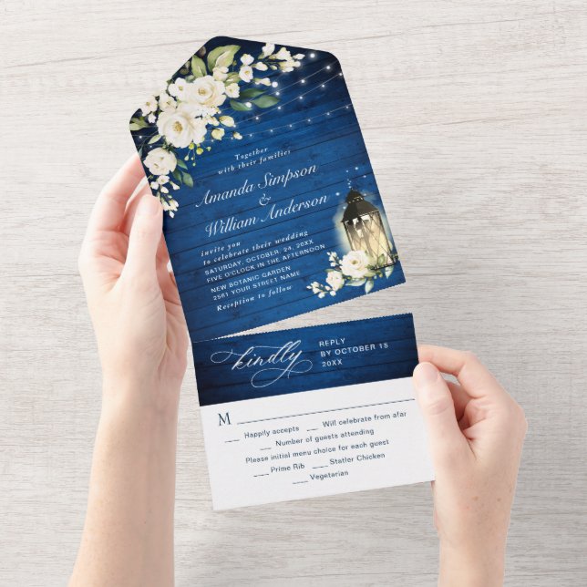 White Roses Royal Blue Wood Lantern Wedding All In One Invitation (Tearaway)