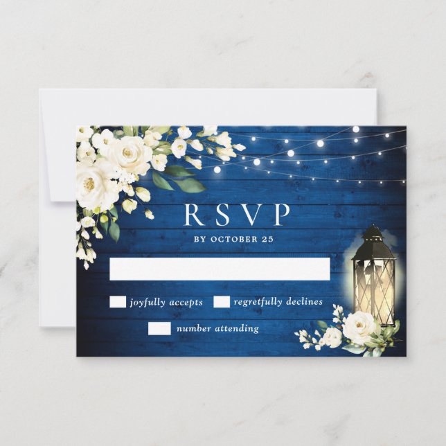 White Roses Royal Blue Wood Lantern Wedding RSVP Card (Front)