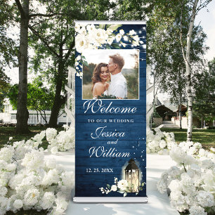 White Roses Royal Blue Wood PHOTO Wedding Welcome Retractable Banner