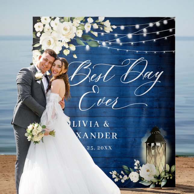 White Roses Royal Blue Wood Wedding Backdrop Tapestry (Creator Uploaded)