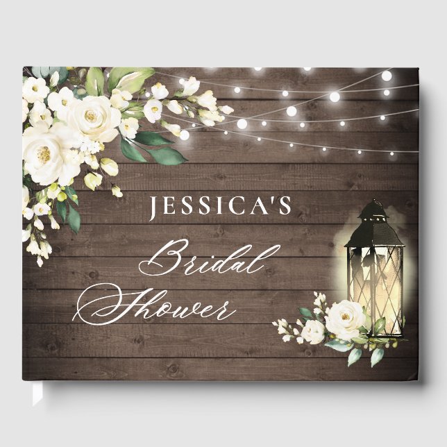White Roses Rustic Wood Lantern Bridal Shower Guest Book (Front)