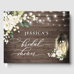 White Roses Rustic Wood Lantern Bridal Shower Guest Book