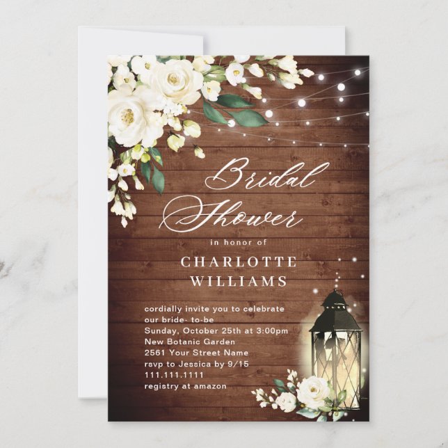 White Roses Rustic Wood Lantern Bridal Shower Invitation (Front)