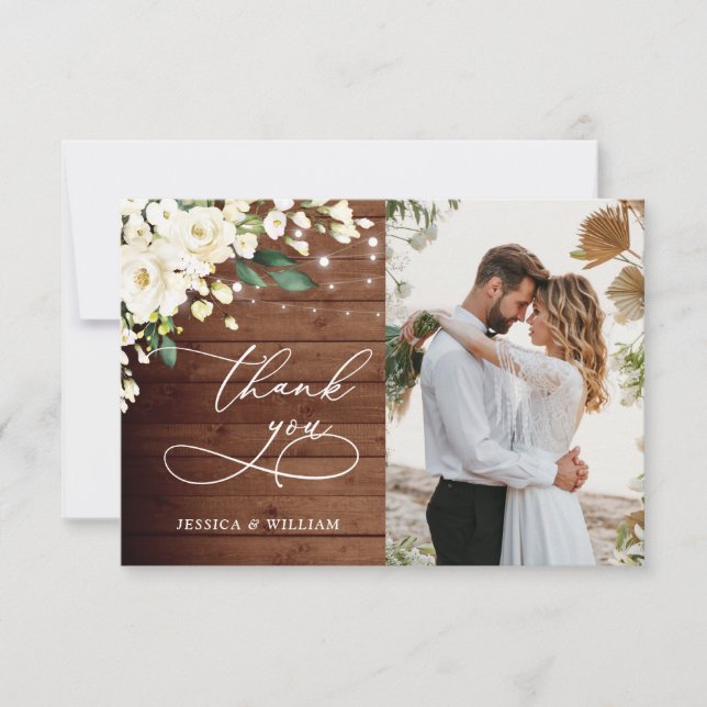 White Roses Rustic Wood Lantern Photo Thank You Card (Front)