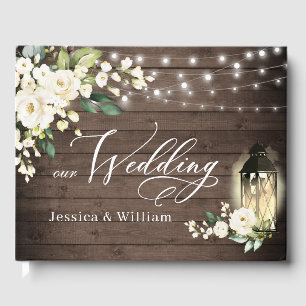 White Roses Rustic Wood Lantern PHOTO Wedding Guest Book