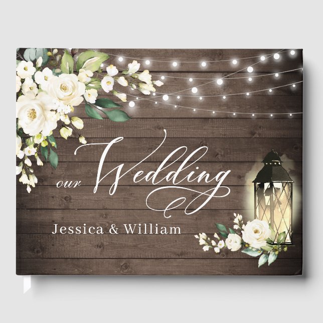 White Roses Rustic Wood Lantern PHOTO Wedding Guest Book (Front)