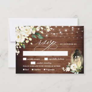 White Roses Rustic Wood Lantern RSVP Card