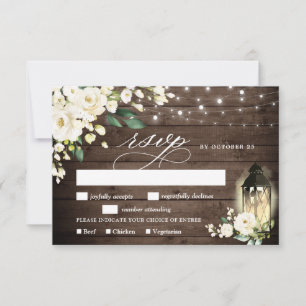 White Roses Rustic Wood Lantern RSVP Card