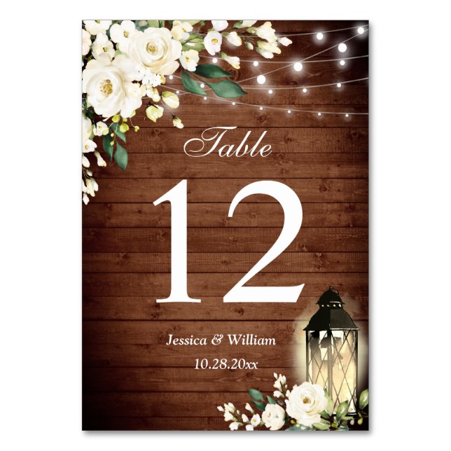 White Roses Rustic Wood Lantern Table Number (Front)