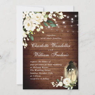 White Roses Rustic Wood Lantern Watercolor Wedding Invitation