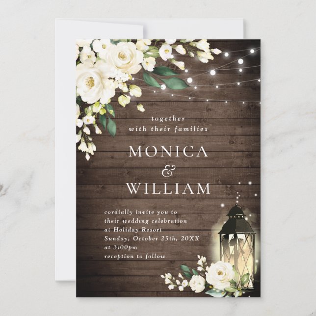 White Roses Rustic Wood Lantern Watercolor Wedding Invitation (Front)