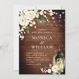 White Roses Rustic Wood Lantern Watercolor Wedding Invitation