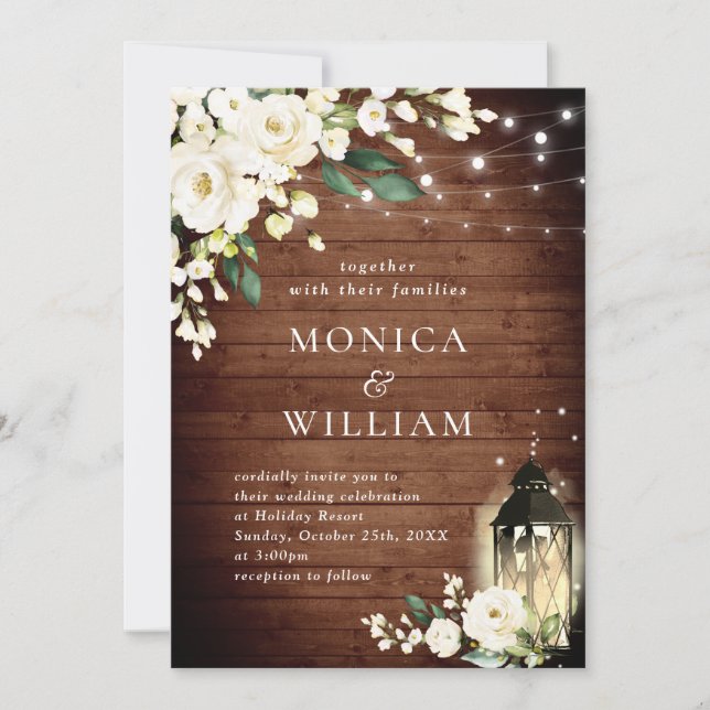 White Roses Rustic Wood Lantern Watercolor Wedding Invitation (Front)