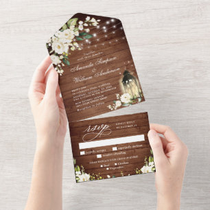 White Roses Rustic Wood Lantern Wedding All In One Invitation