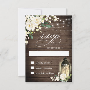 White Roses Rustic Wood Lantern Wedding RSVP Card