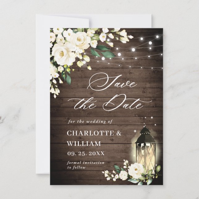 White Roses Rustic Wood Lantern Wedding Save The Date (Front)