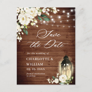 White Roses Rustic Wood Wedding Save the Date Postcard