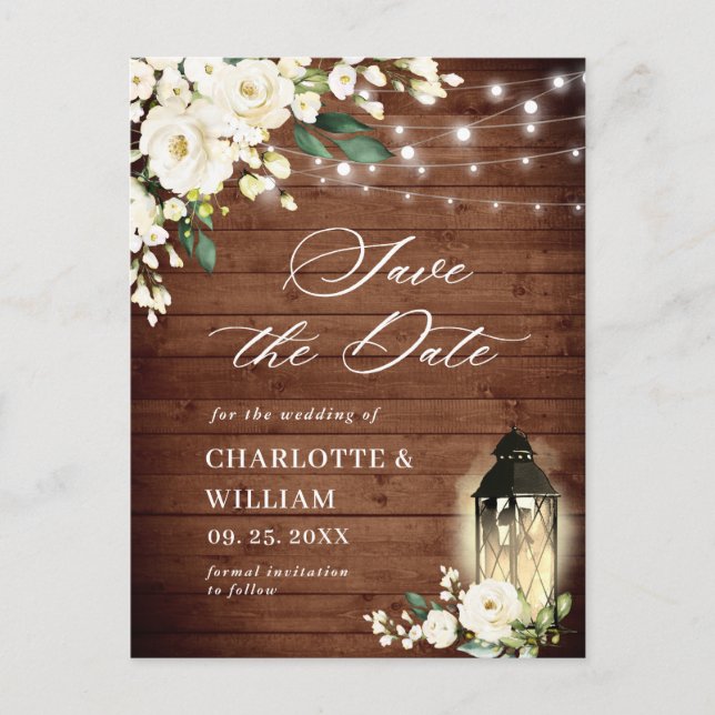 White Roses Rustic Wood Wedding Save the Date Postcard (Front)