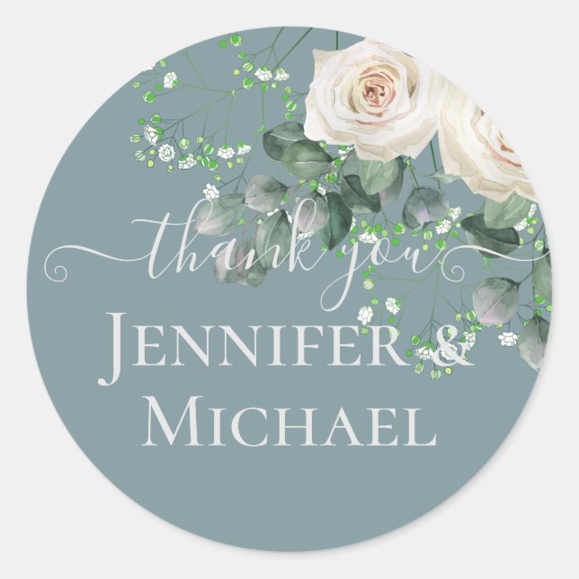 White Roses Sage Eucalyptus Leaves Wedding Budget Classic Round Sticker (Front)