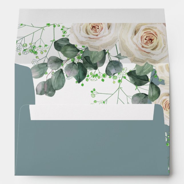White Roses Sage Eucalyptus Leaves Wedding Budget Envelope (Back (Bottom))
