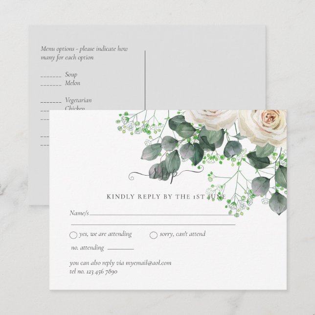 White Roses Sage Eucalyptus Leaves Wedding RSVP Postcard (Front/Back)