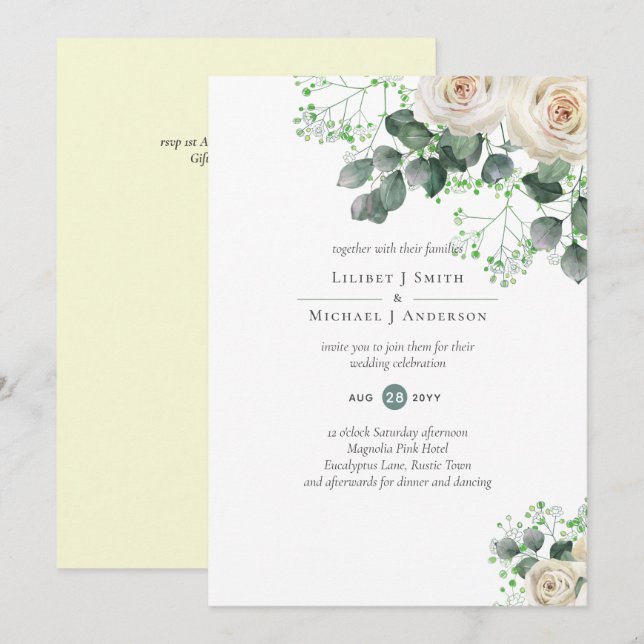 White Roses Sage Eucalyptus Lemon Yellow WEDDING (Front/Back)