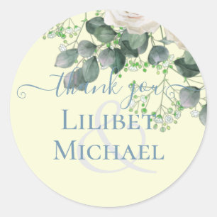 White Roses Sage Eucalyptus Lemon Yellow WEDDING Classic Round Sticker
