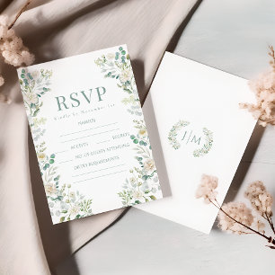 White Roses Sage Eucalyptus Wedding RSVP Cards