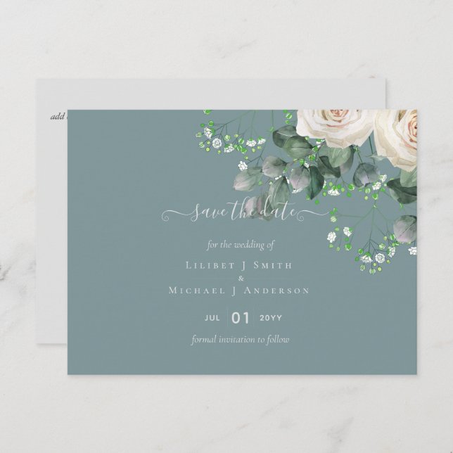White Roses Sage Eucalyptus Wedding Save Dates Postcard (Front/Back)